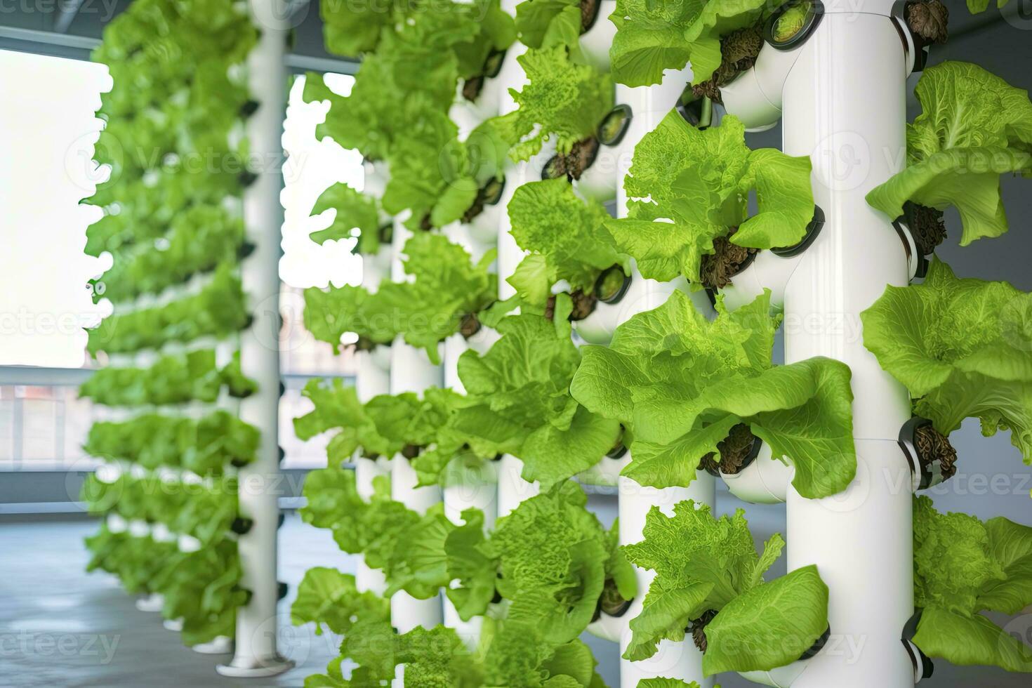 AI generated Vertical Hydroponic Plant System With Cultivated Lettuces. AI Generated photo