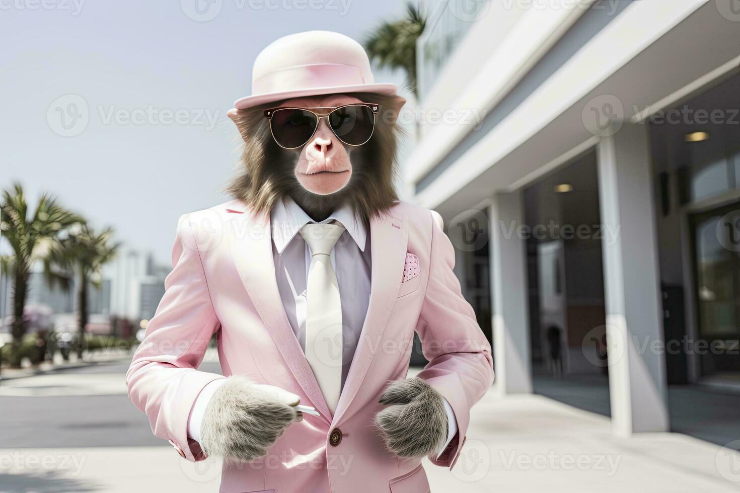 AI generated A Monkey is wearing sunglasses, suit and standing on street. AI Generated photo