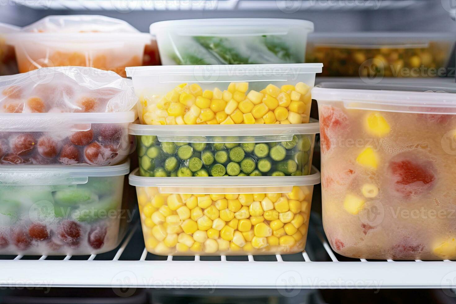 AI generated Frozen food in the freezer. Frozen vegetables. AI Generated photo