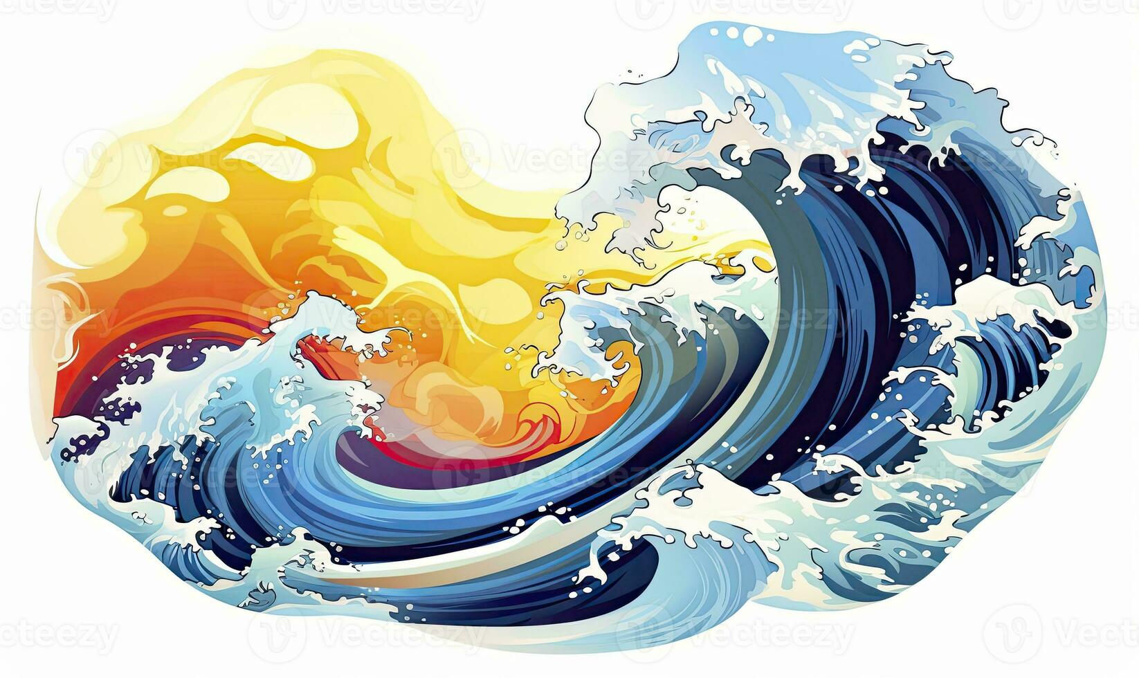 AI generated Ocean wave sun clouds, blue yellow abstract ocean wave. AI Generated. photo