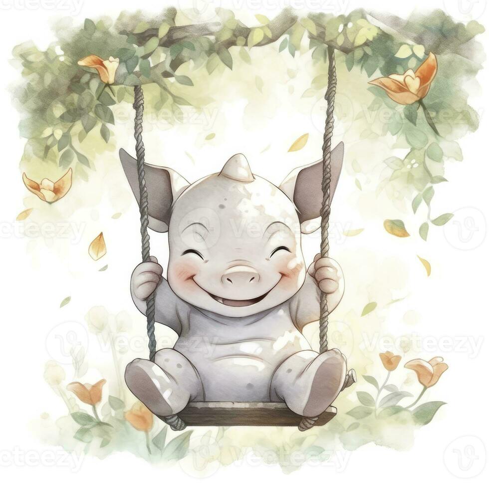 AI generated Cute happy baby rhino on swings in the tree in watercolor style. AI Generated photo