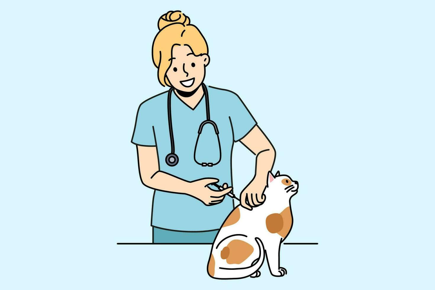 Woman veterinarian inoculates cat to protect pet from dangerous viruses and bacteria. Smiling girl works as veterinarian in animal clinic and takes care of kitten in need of vaccination vector