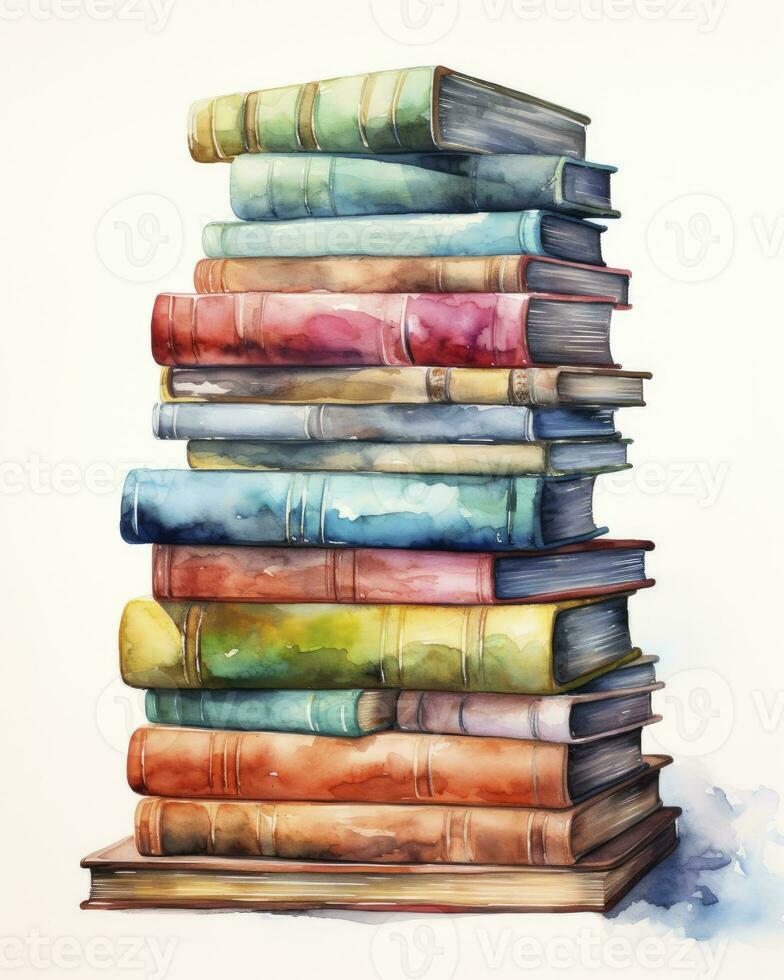 AI generated Watercolor pile of books isolated on white background. AI Generated photo