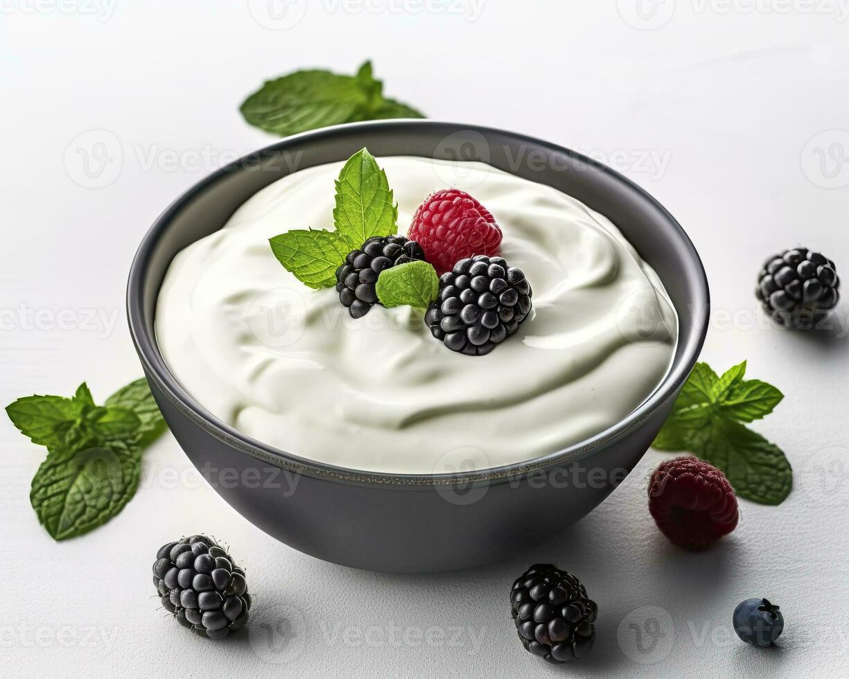 AI generated Green bowl of greek yogurt and fresh berries isolated on white background. AI Generated photo