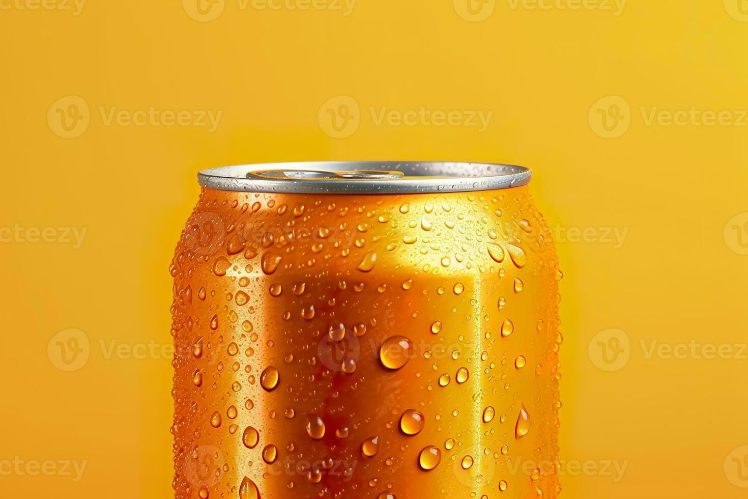 ai generado lata de Fresco soda con agua gotas en naranja fondo, de cerca. generativo ai foto