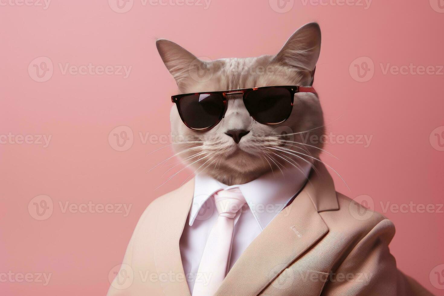 AI generated A cat is wearing sunglasses and suit on Pink Background. AI Generated photo