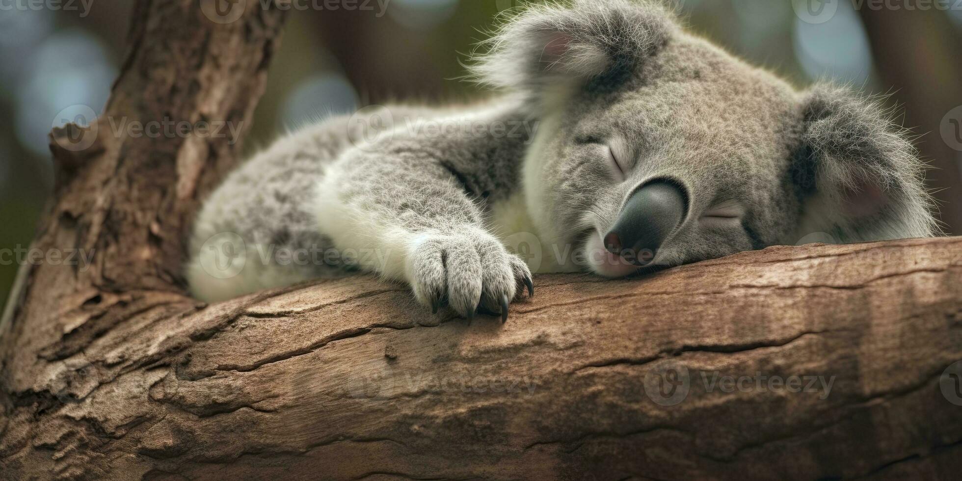 AI generated Koala asleep in tree. AI Generated photo