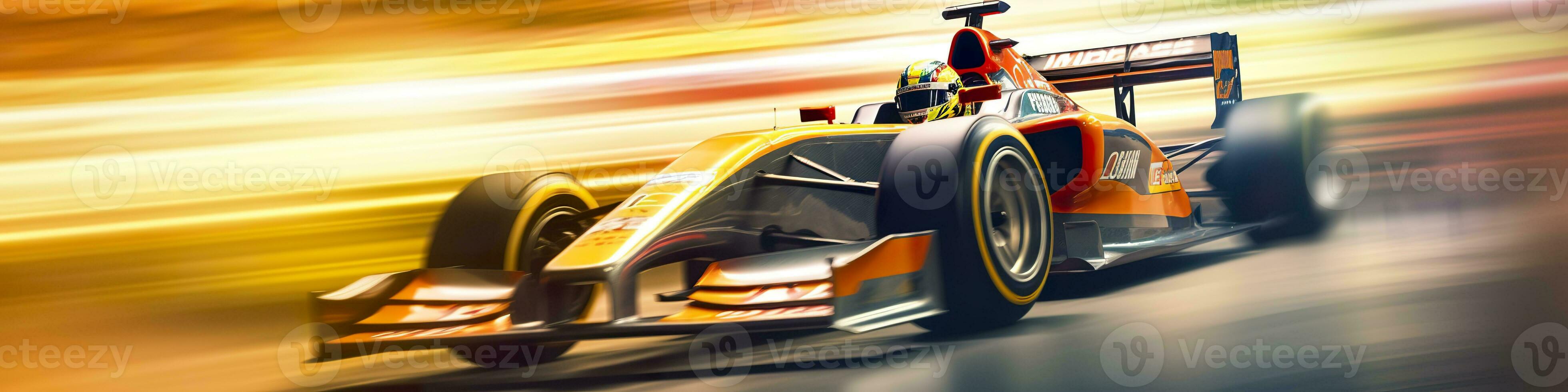AI generated Racing car at high speed. Racer on a racing car passes the track. Motor sports competitive team racing. Motion blur background. Generative AI photo