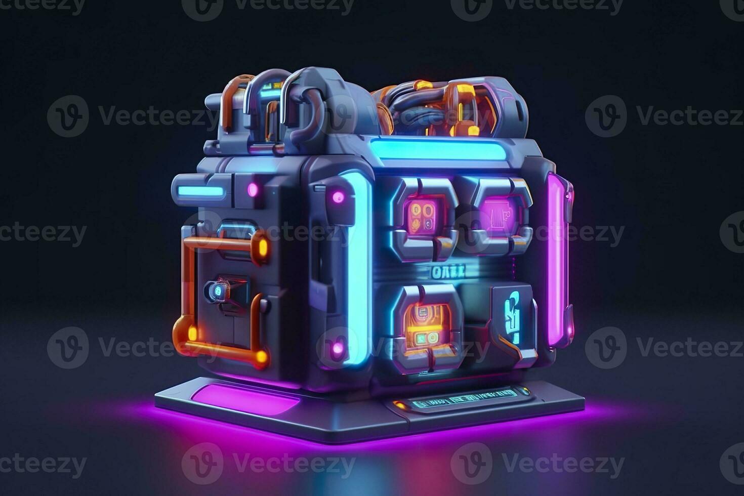 AI generated Modern and Futuristic Neon Digital Gaming Chest in Cartoon Pixar 3D Blender Style. AI Generative photo