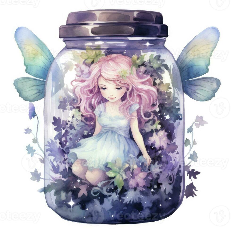 AI generated Watercolor Fantasy Pastel Goth Tiny Fairy in a Jar. AI Generated photo