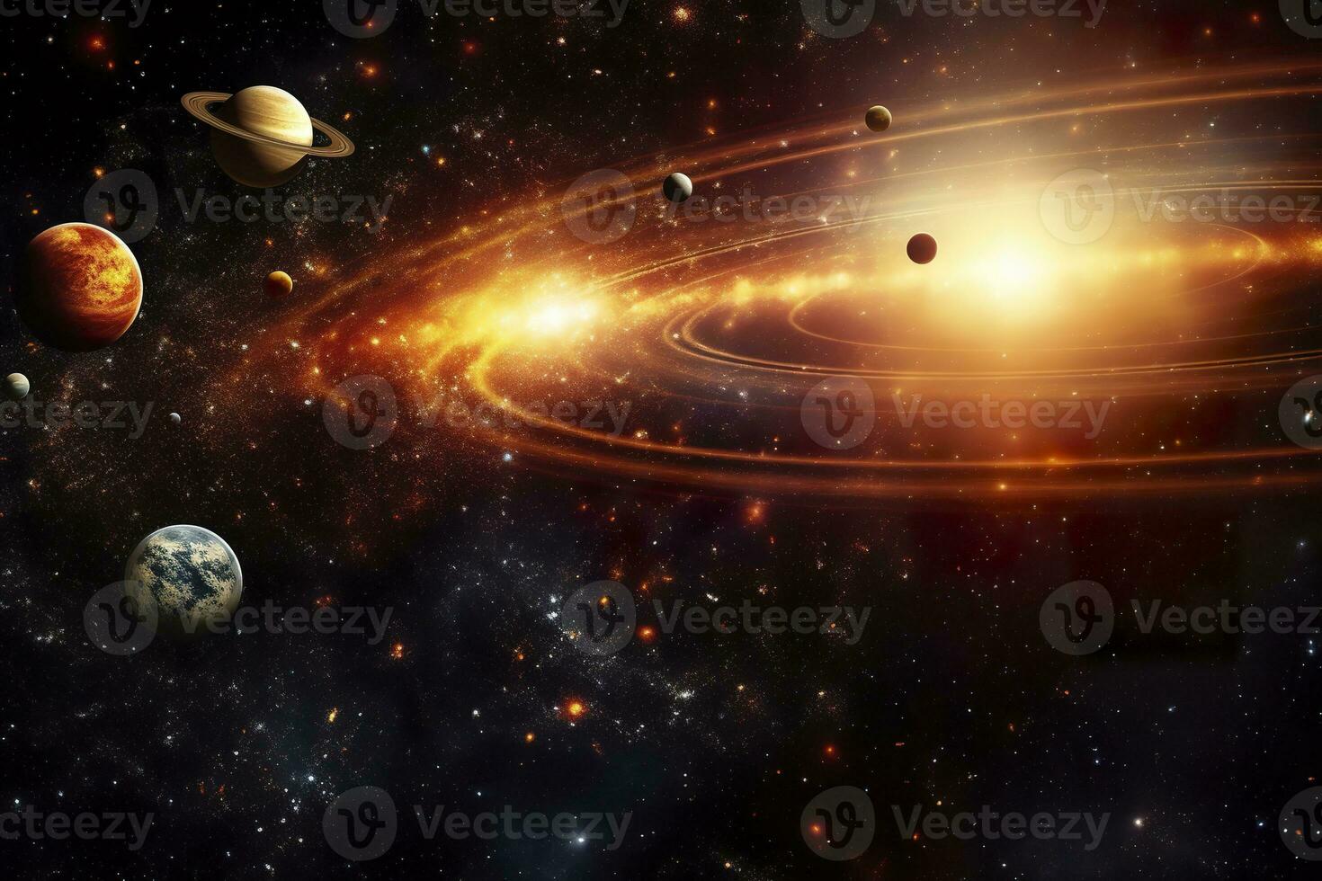 AI generated Our 3d Solar system with planets in orbits path. AI Generative photo