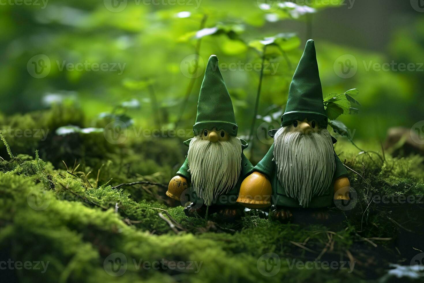 AI generated Toy Irish gnomes in a mystery forest, abstract green natural background. Generative AI photo