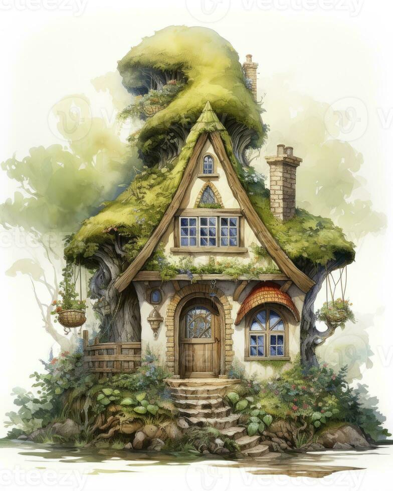 AI generated Watercolor mossy cottage isolated on white background. AI Generated photo