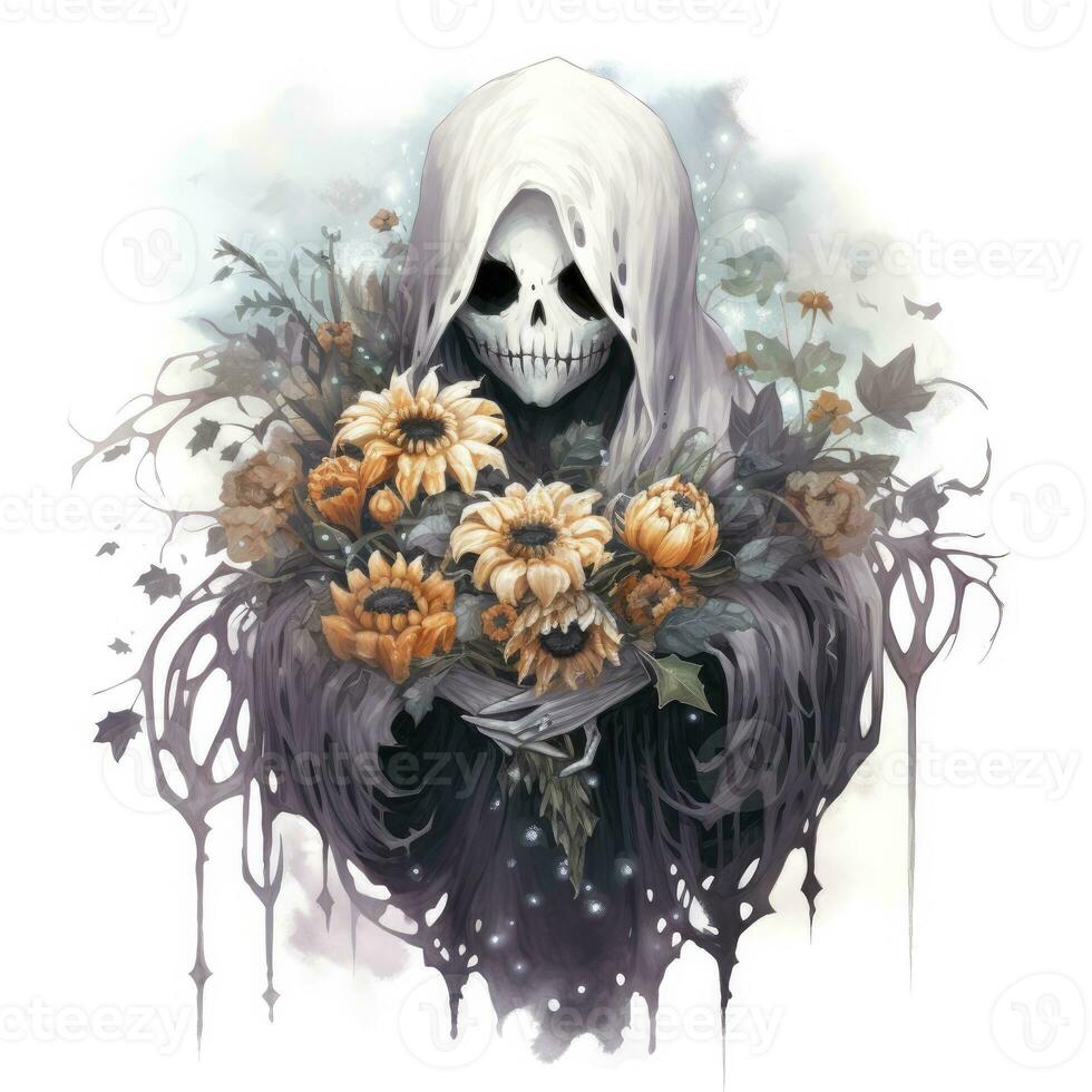 AI generated A stunning ghost holding flower bouquet and enjoying the festivities of Halloween,  AI Generated photo