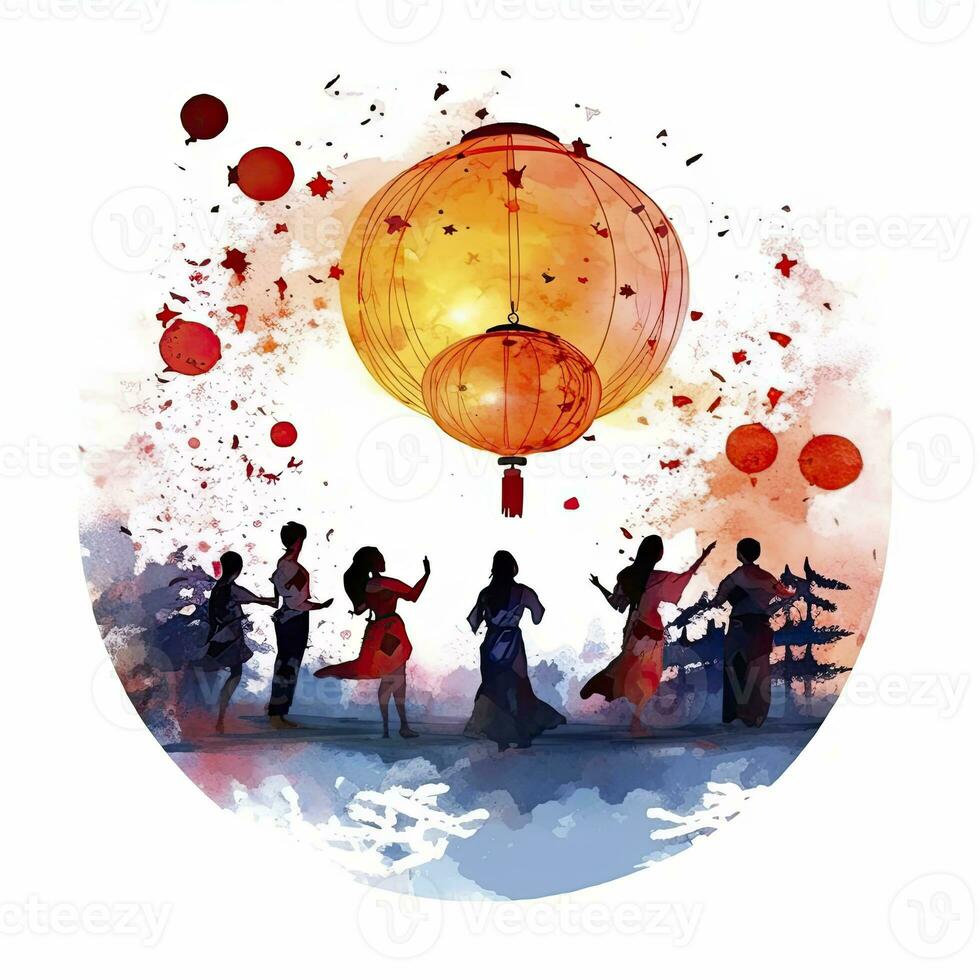AI generated Lantern Festival in watercolor style. T-shirt Design. AI Generated photo