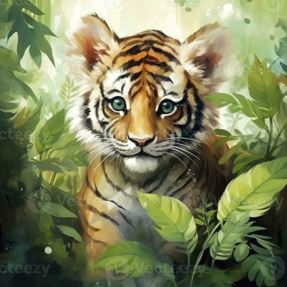 AI generated Watercolor Tiger for kids. AI Generated photo