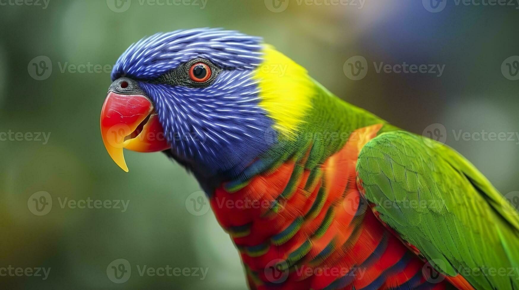 AI generated Side view Closeup of beautiful and colorful Lorikeet Green naped bird. Generative AI photo