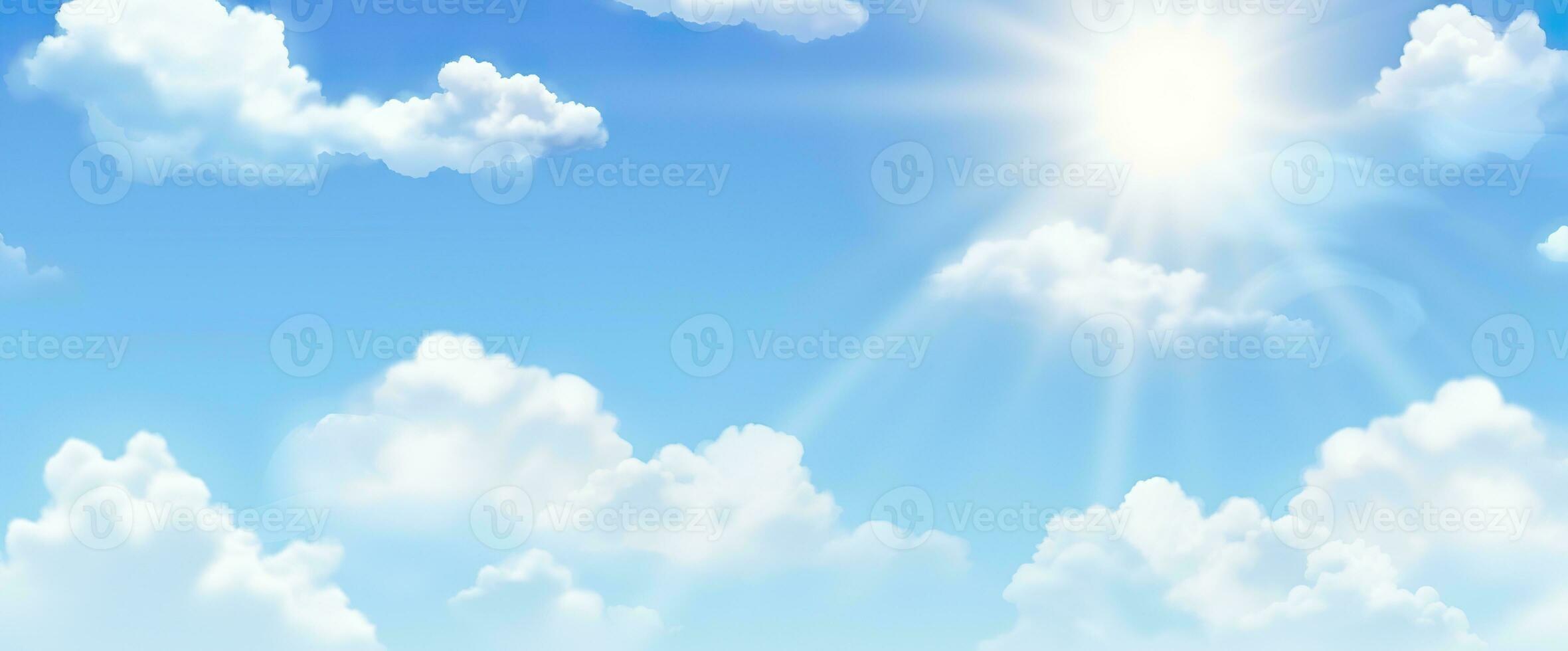 AI generated Sunny background, blue sky with white clouds and sun. Generative AI photo