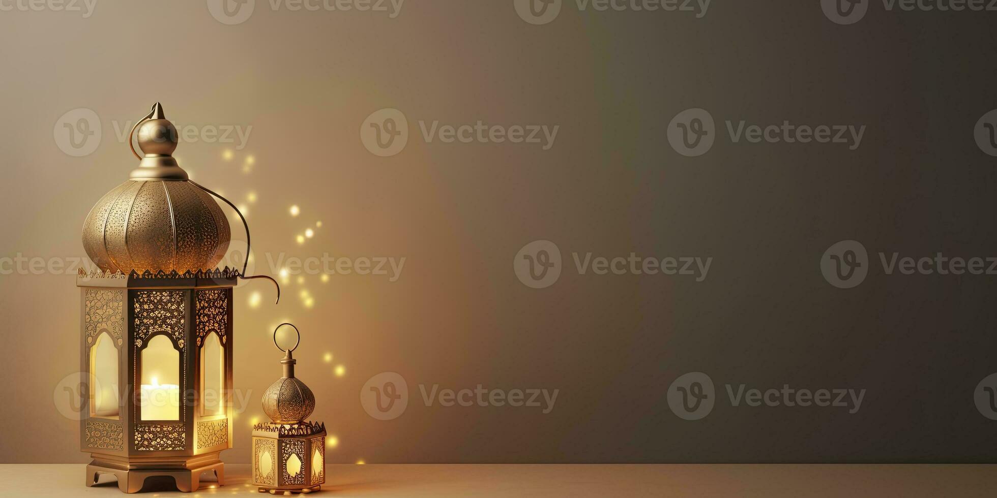 AI generated Celebration of islamic eid mubarak and eid al adha lantern in a light background. AI Generated photo