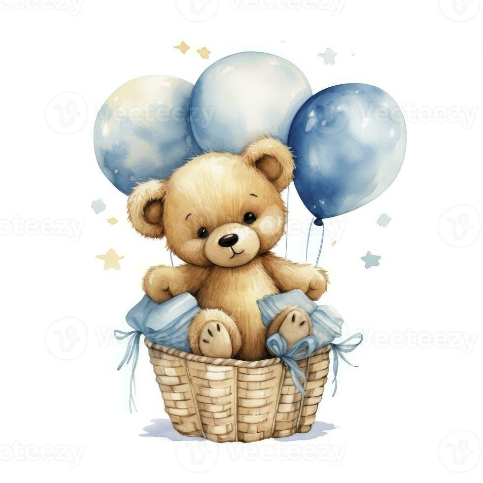 AI generated A watercolor baby teddy bear is sitting in the basket with blue and gold balloons. AI Generated photo