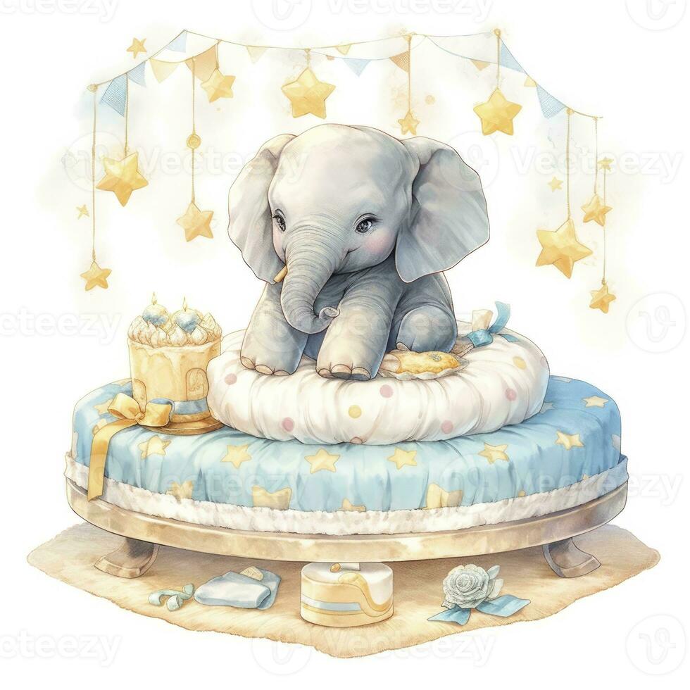 AI generated An elephant on a bed with stars and blankets around the circle. AI Generated photo
