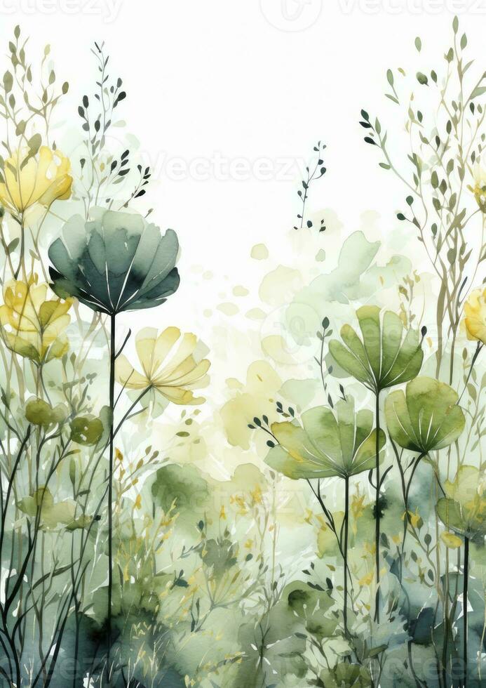AI generated Floral frame with green leaves on white background. AI Generated photo