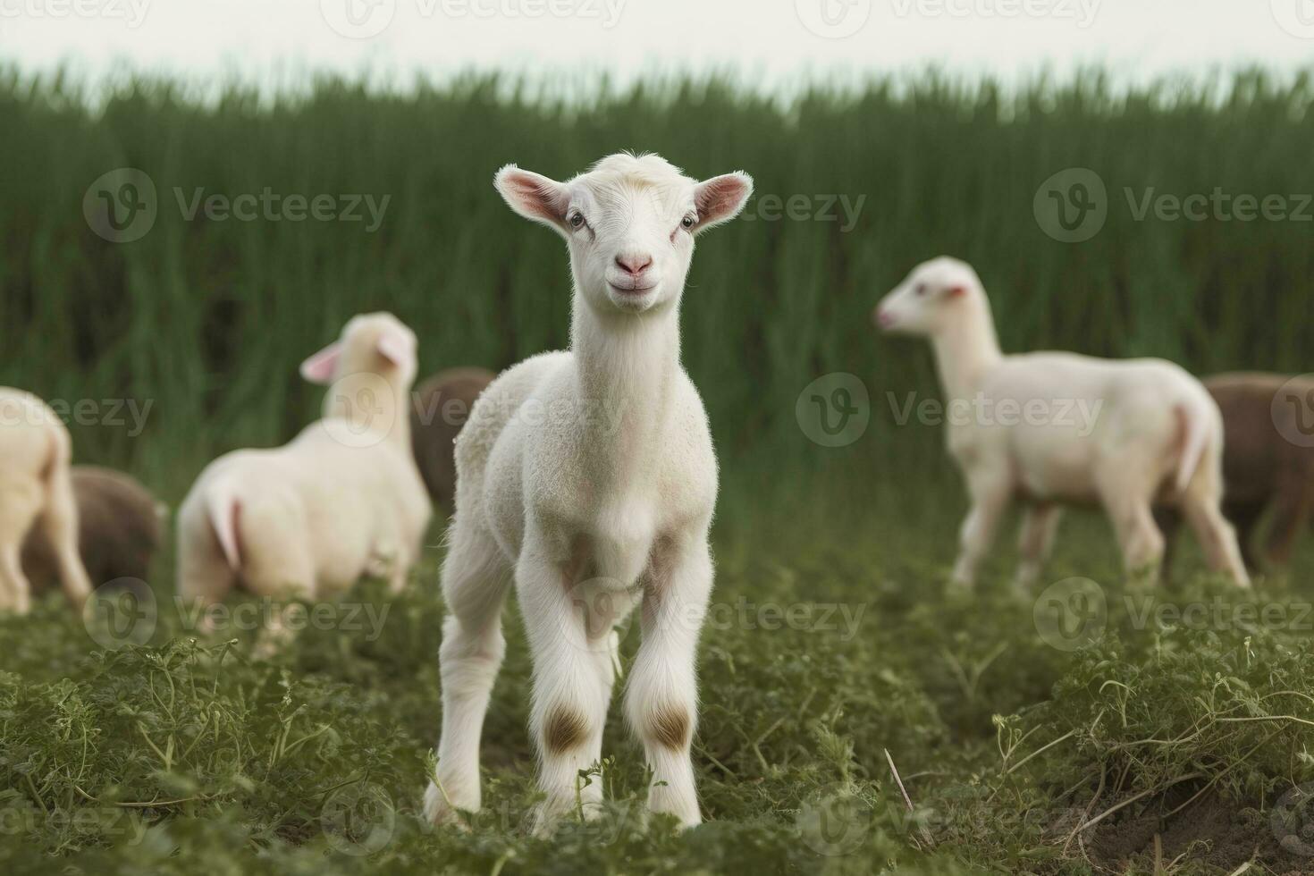 ai generado blanco Cordero en un campo en frente de otro animales generativo ai foto