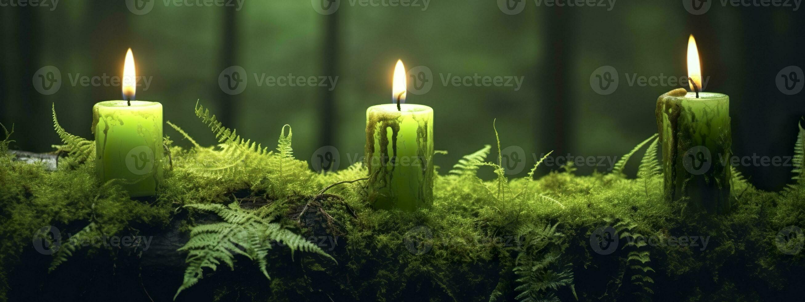 AI generated Burning candles on moss, dark green blurred the natural background. Magic candle. Generative AI photo