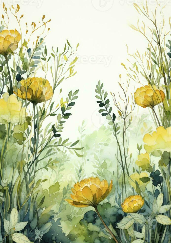 AI generated Floral frame with green leaves on white background. AI Generated photo