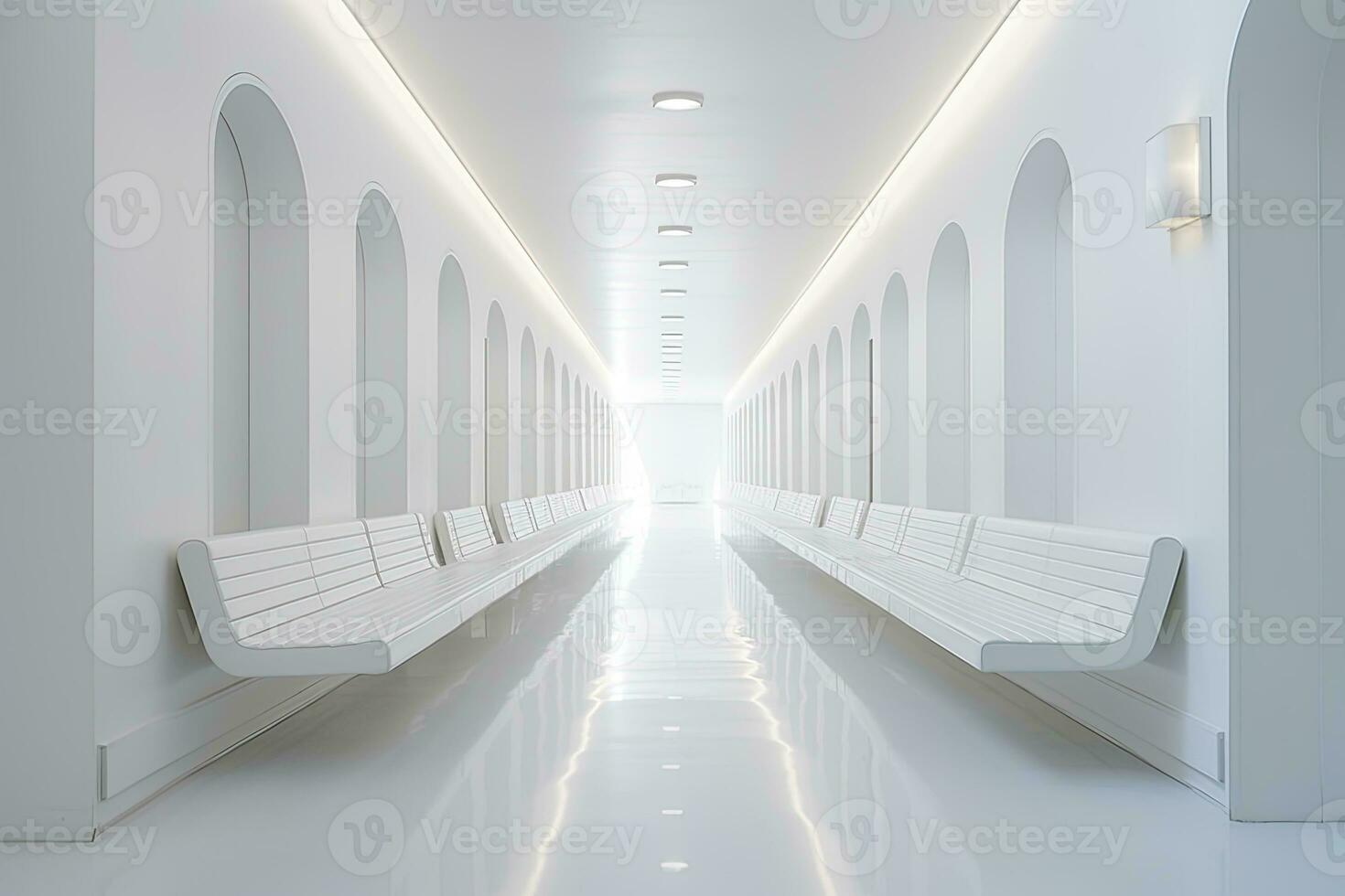 AI generated Interior design of a modern luxurious white building corridor or hallway with waiting seat. AI Generated photo