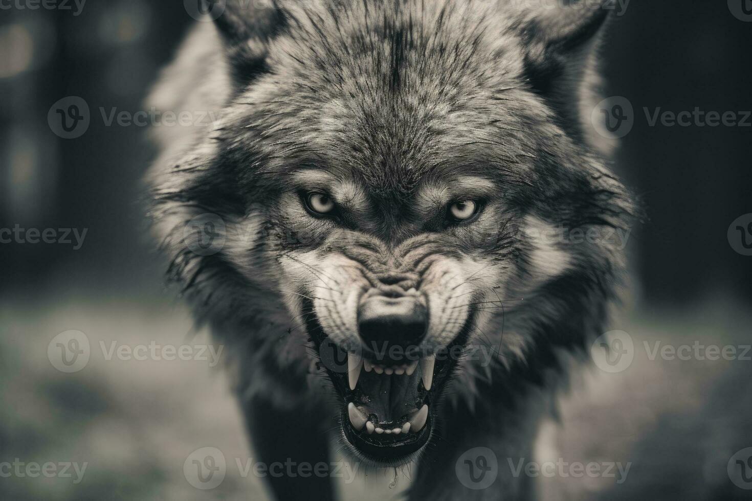 AI generated Greyscale closeup shot of an angry wolf with a blurred background. AI Generated photo