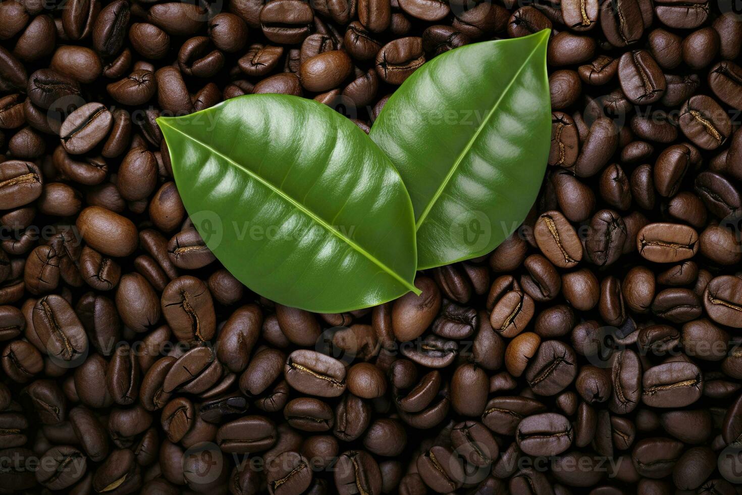 AI generated Green leaves with coffee beans as background. AI Generated photo