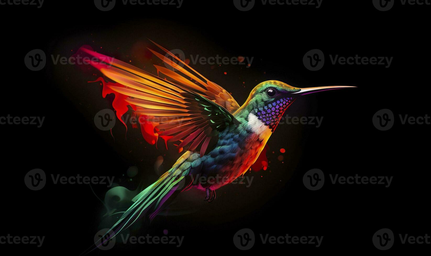 AI generated hummingbird logo with multiple colors flying through the air.  AI Generated photo