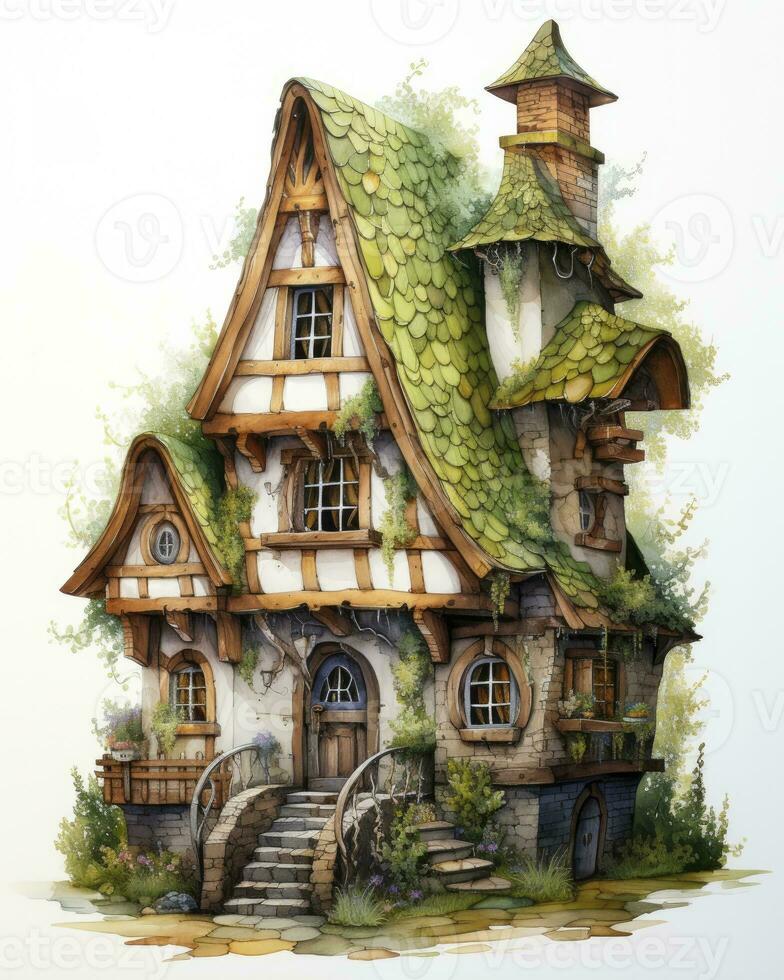 AI generated Watercolor mossy cottage isolated on white background. AI Generated photo