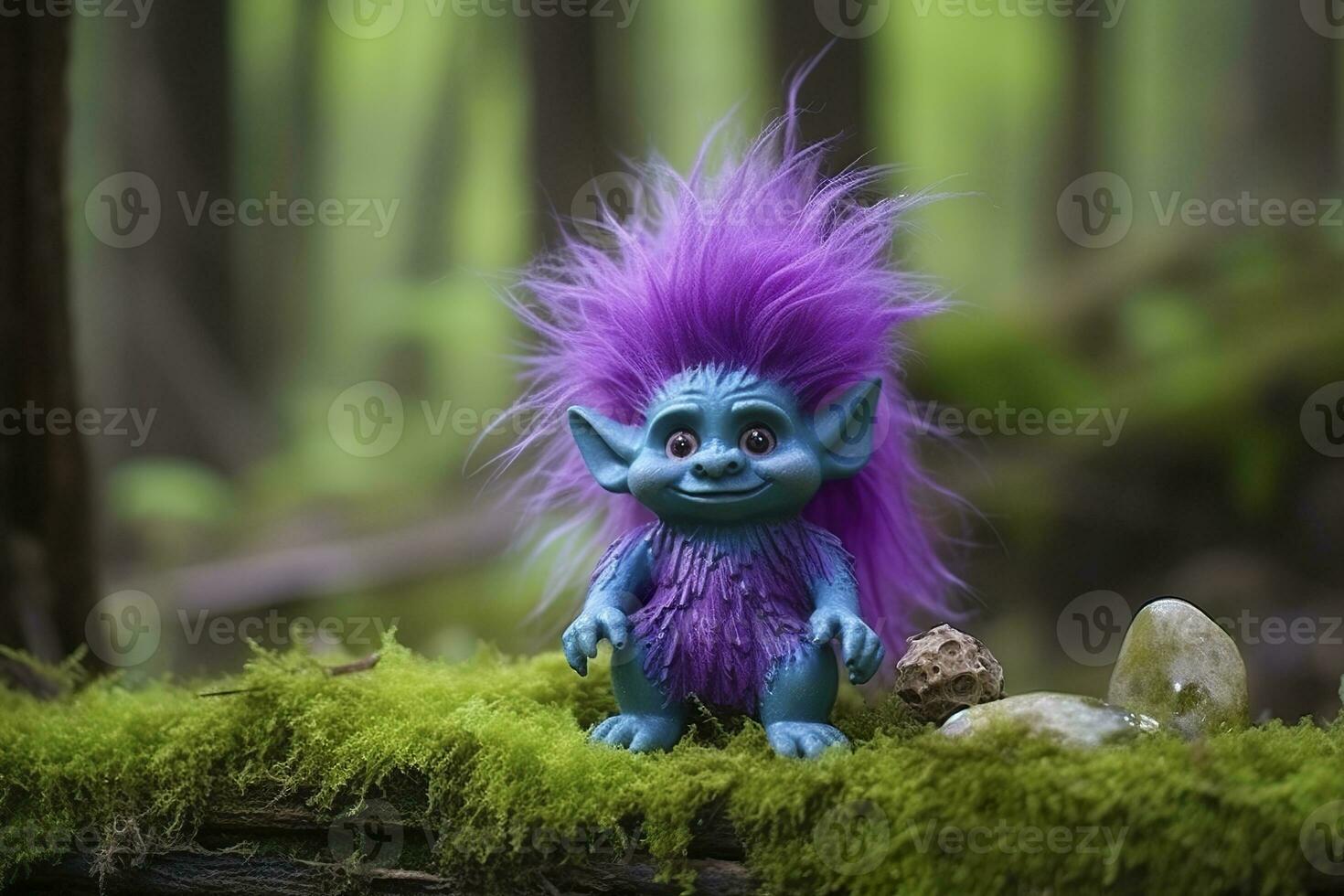 AI generated Tale troll with crystals in the forest, natural green background. Generative AI photo