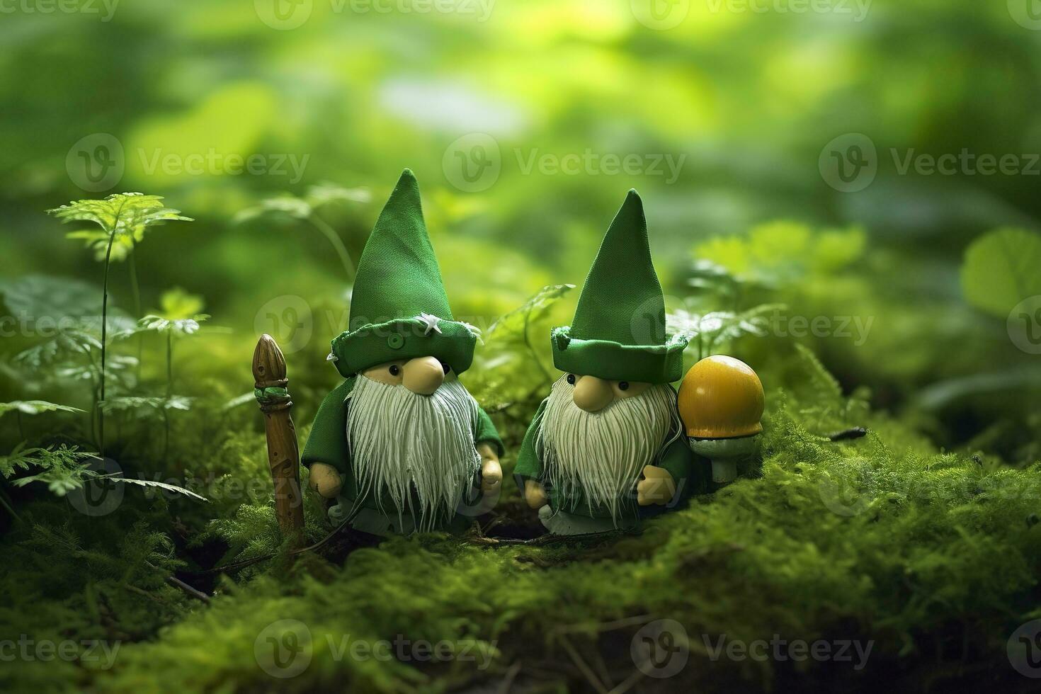 AI generated Toy Irish gnomes in a mystery forest, abstract green natural background. Generative AI photo