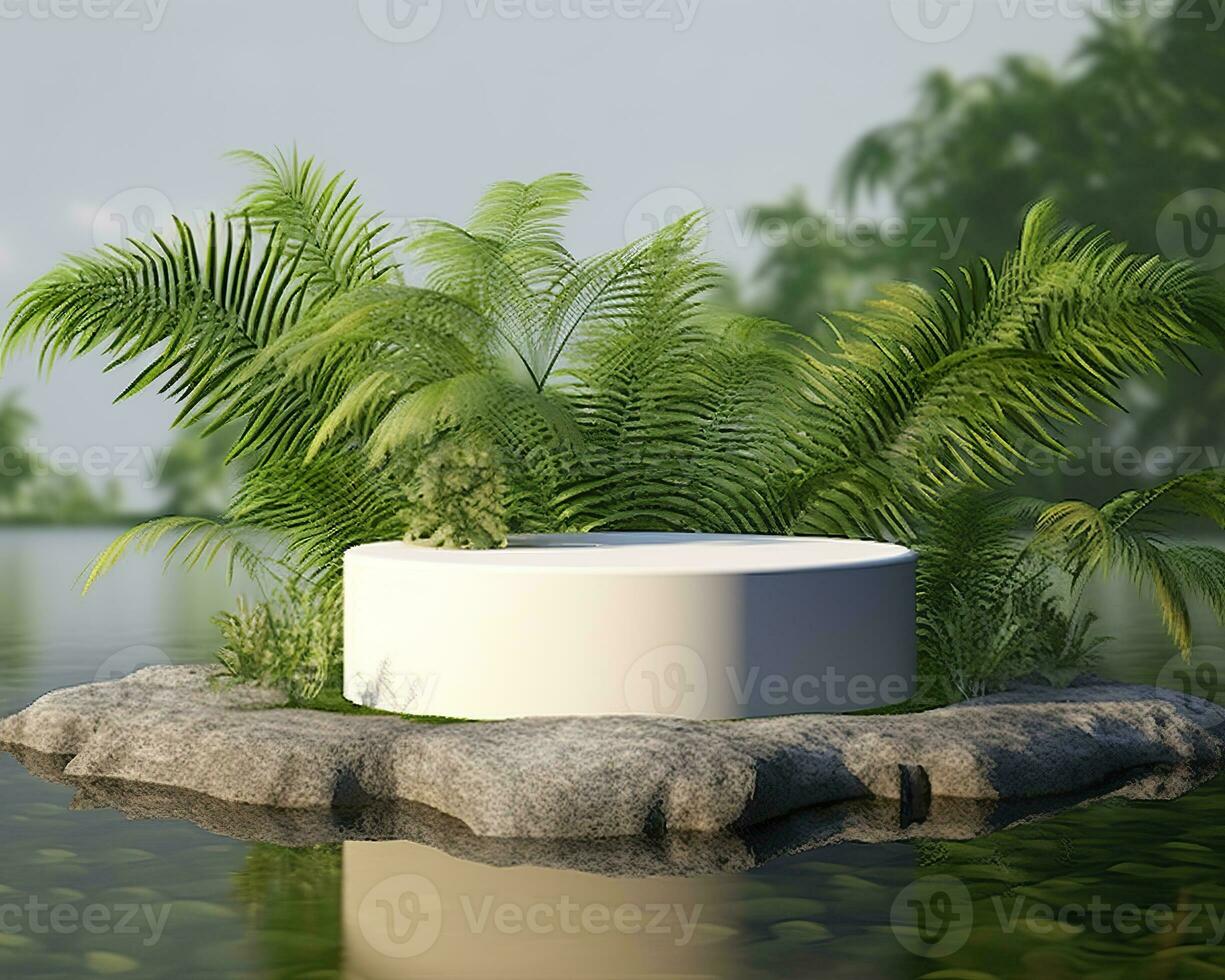 AI generated Stone product display podium for cosmetic product with green nature garden background. Generative AI photo