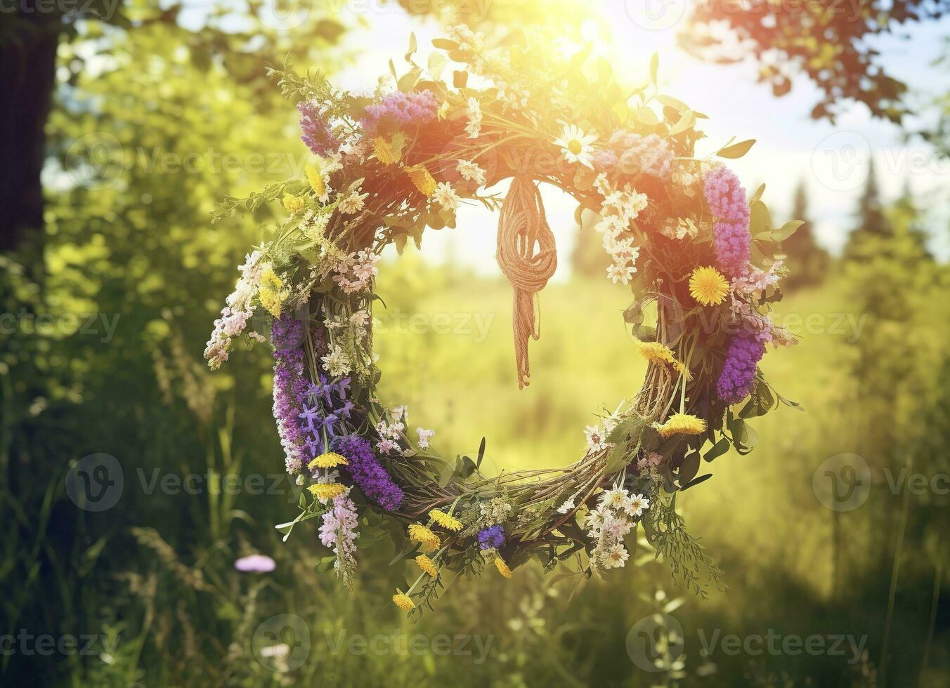 AI generated Rustic wildflowers wreath on a sunny meadow. Summer Solstice Day, Midsummer concept. Generative AI photo