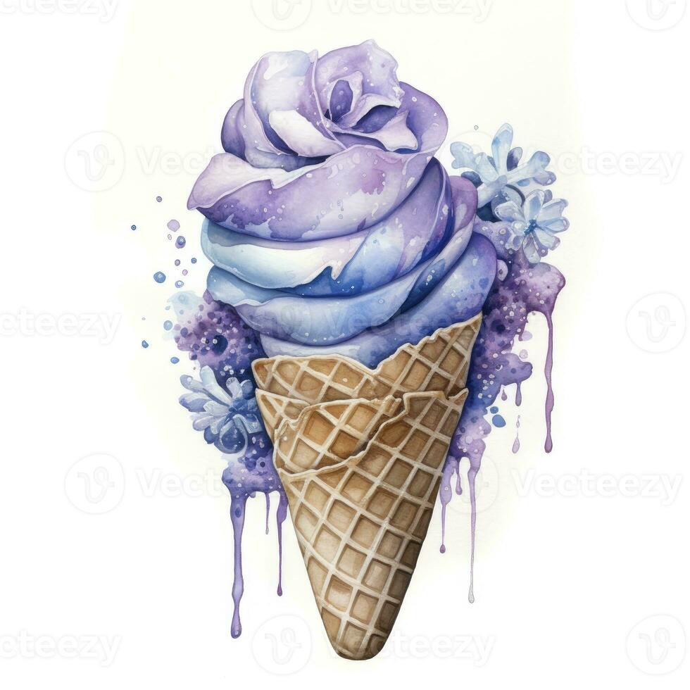 AI generated Watercolor ice cream in a waffle cone. AI Generated photo