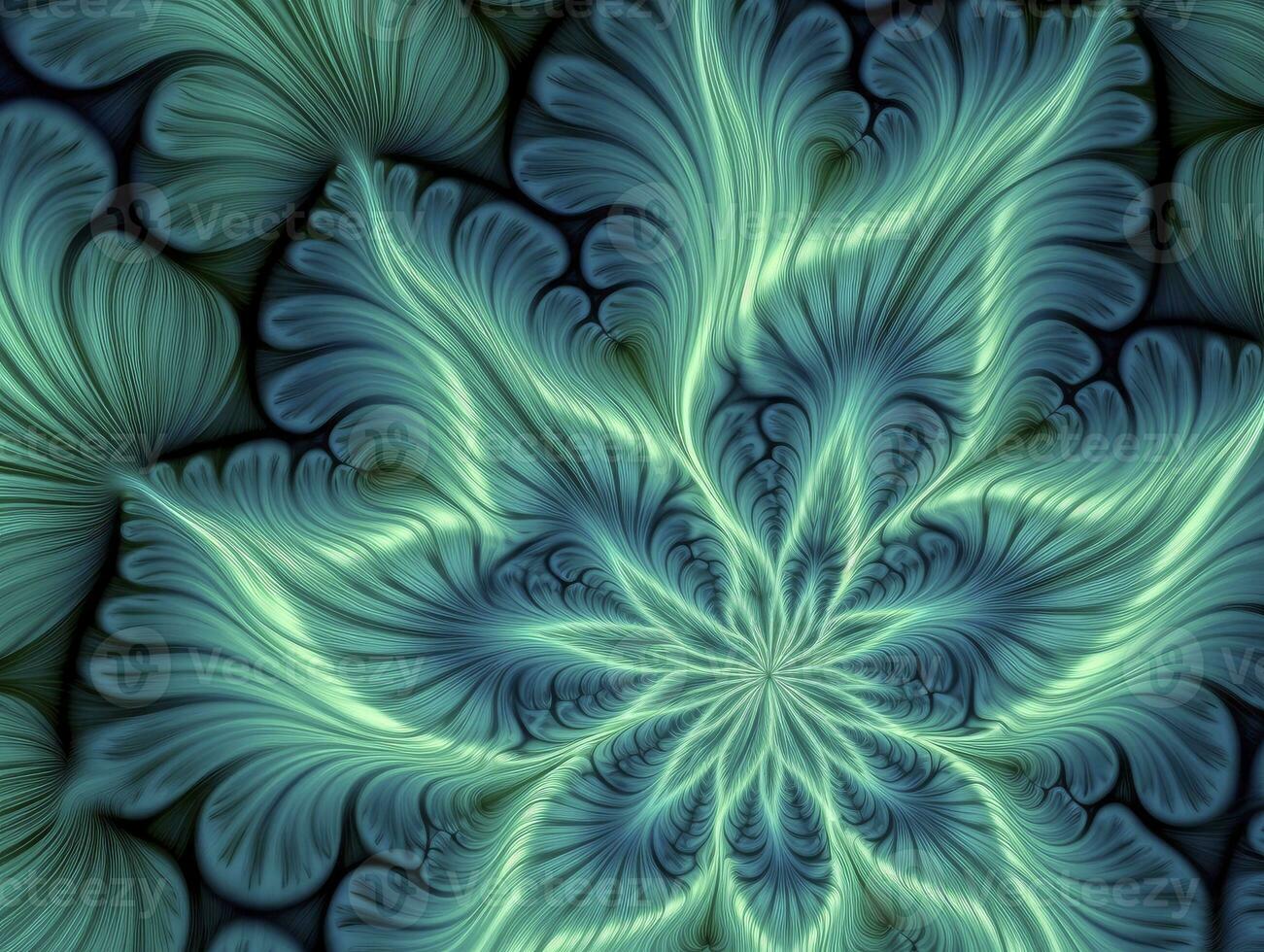 AI generated Aqua and Green psychedelic fractal.  AI Generated photo