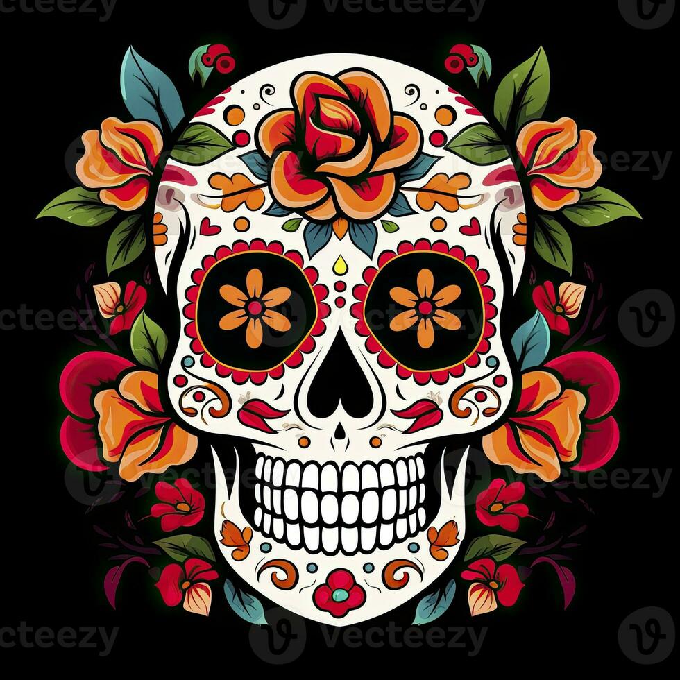 AI generated Mexican roses skull. Mexican roses skull. Dia de los muertos shugar colorful head. AI Generated photo