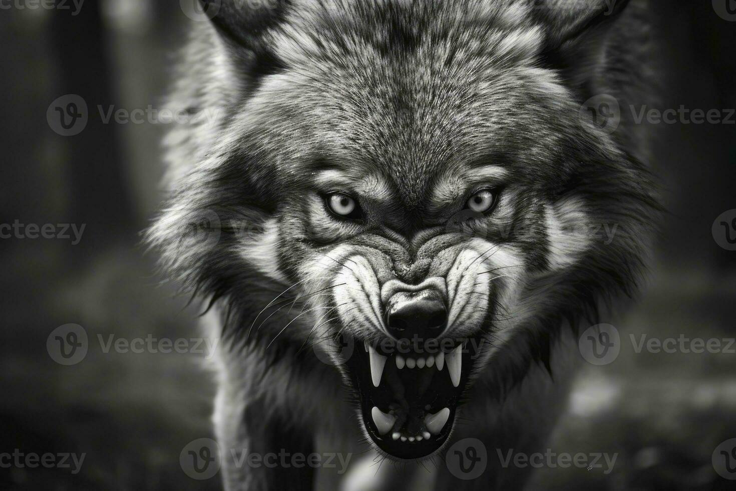 AI generated Greyscale closeup shot of an angry wolf with a blurred background. AI Generated photo