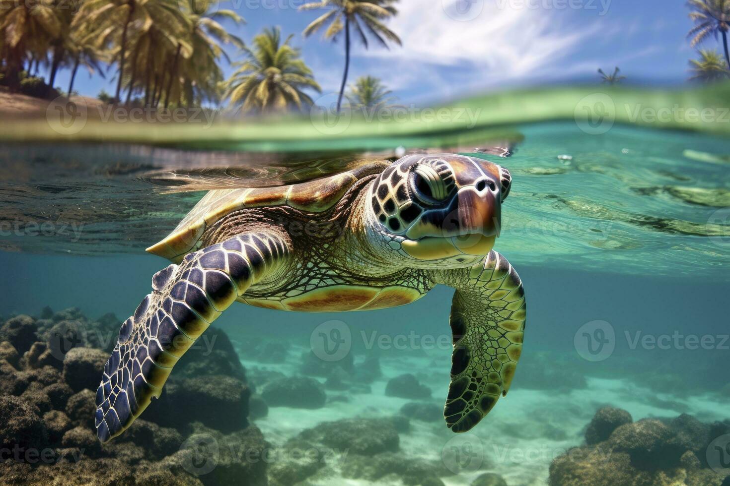 ai generado verde Tortuga a el Agua de mar. ai generado foto