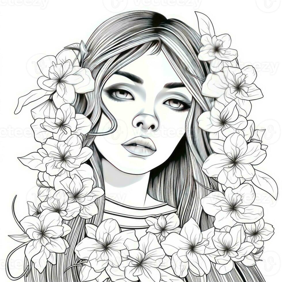AI generated A girl on a coloring book page with Jasmine flowers. AI Generated photo