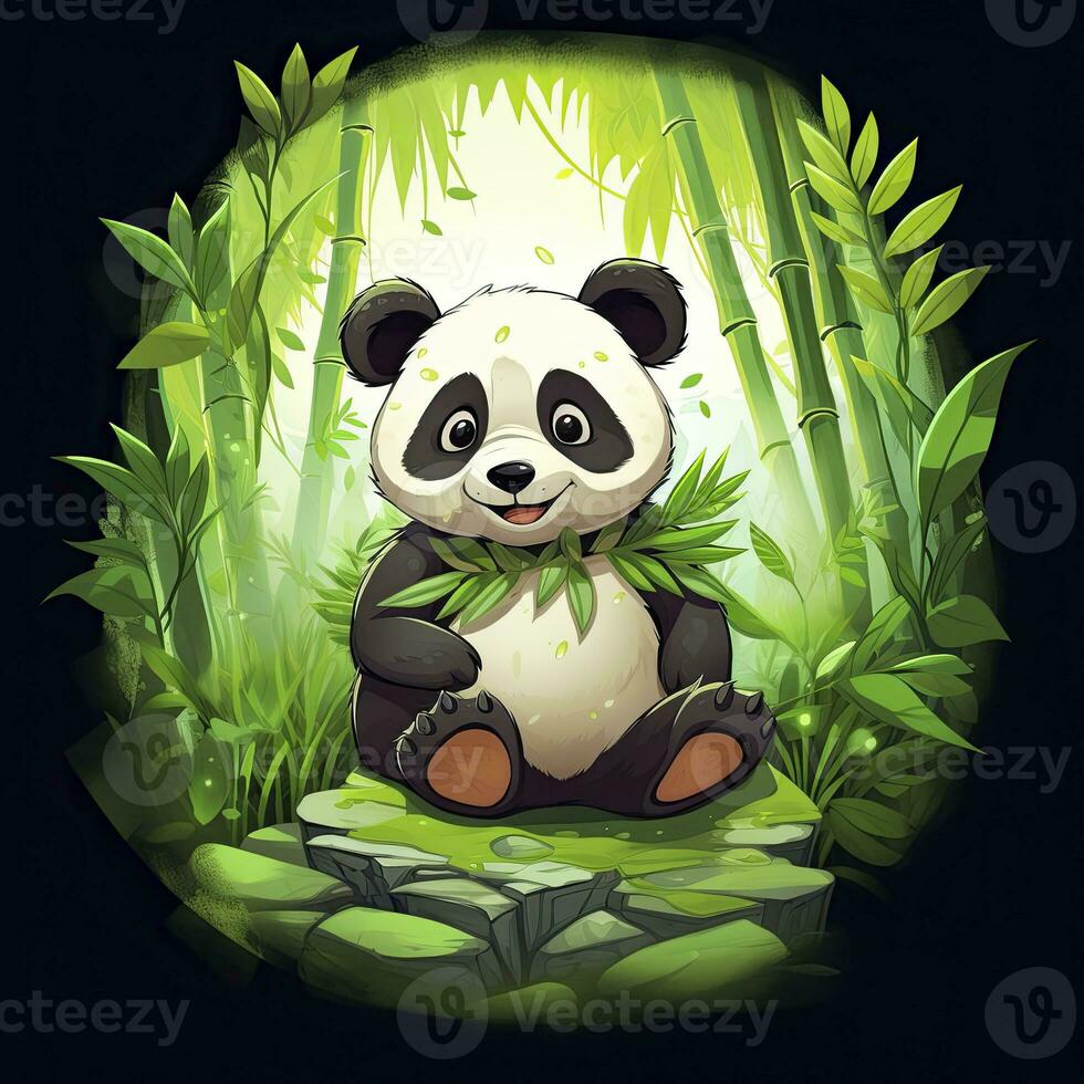 AI generated Cute panda in the middle of a bamboo forest. T-shirt design. AI Generated photo