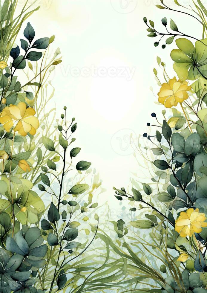 AI generated Floral frame with green leaves on white background. AI Generated photo