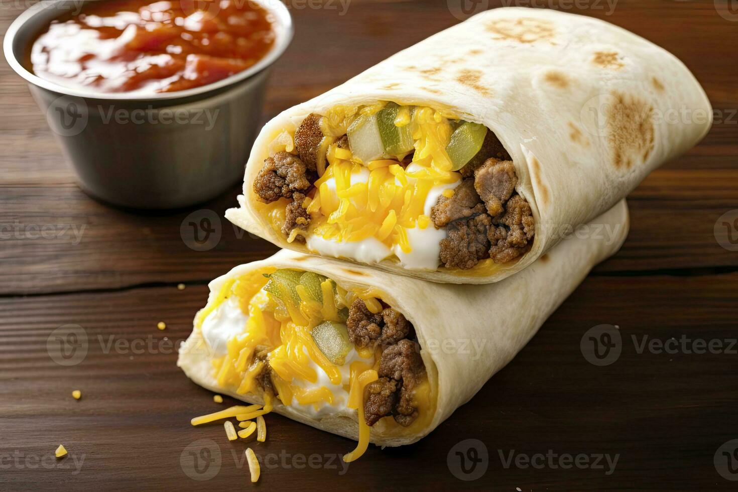 AI generated Breakfast burrito with sausage, eggs, hashbrown and cheese. AI Generated photo