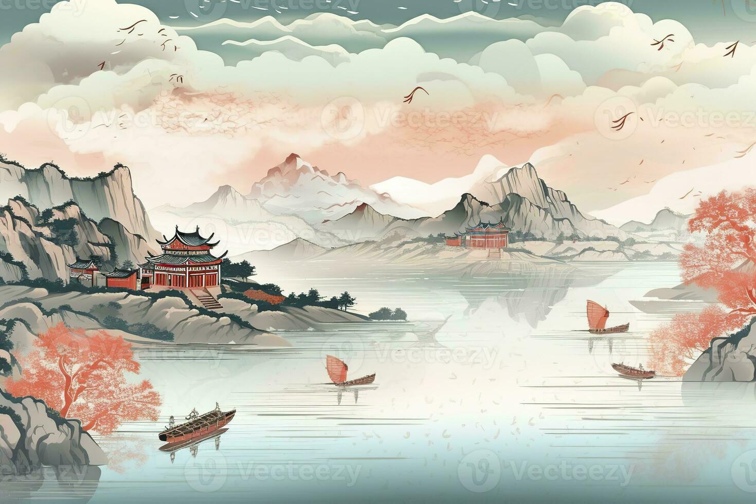 AI generated Chinese landscape map, distant mountains, clear rivers, ancient buildings, ships, birds, clouds and mist, brilliant light, AI Generative photo