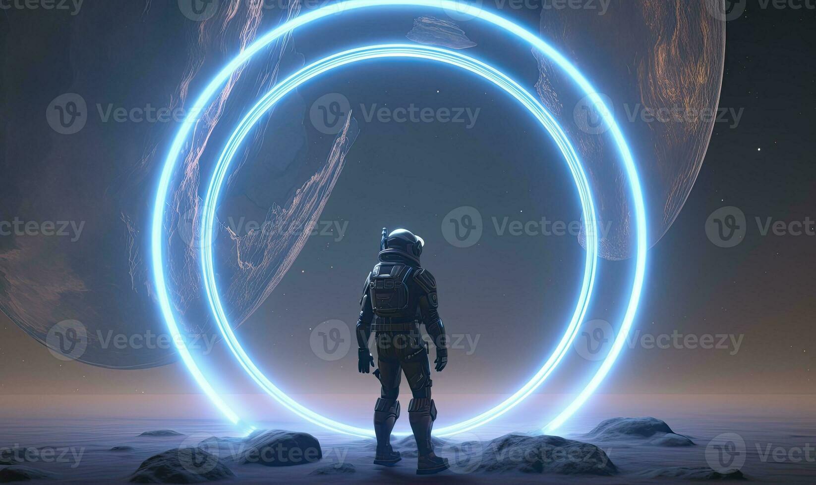 AI generated Astronaut in front of dimensional portal.  AI Generated. photo