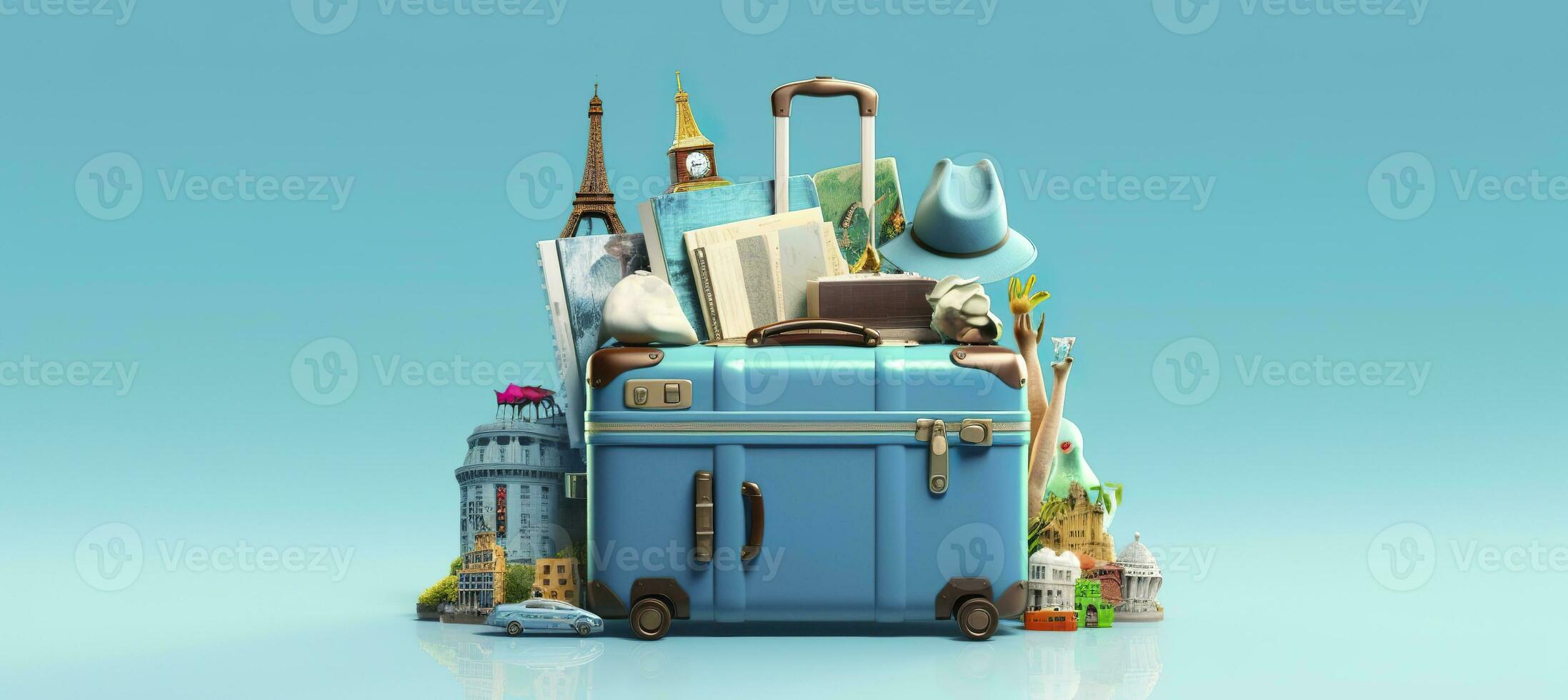 AI generated Blue suitcase full of landmarks and travel accessories on blue background. Generative AI photo